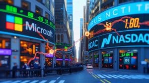 Illustration of turbulent week in tech stocks affecting AI investments and major companies like Microsoft and Nasdaq.