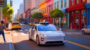 Illustration of a Waymo robotaxi in San Francisco's Mission District, highlighting the debate over autonomous vehicle safety.