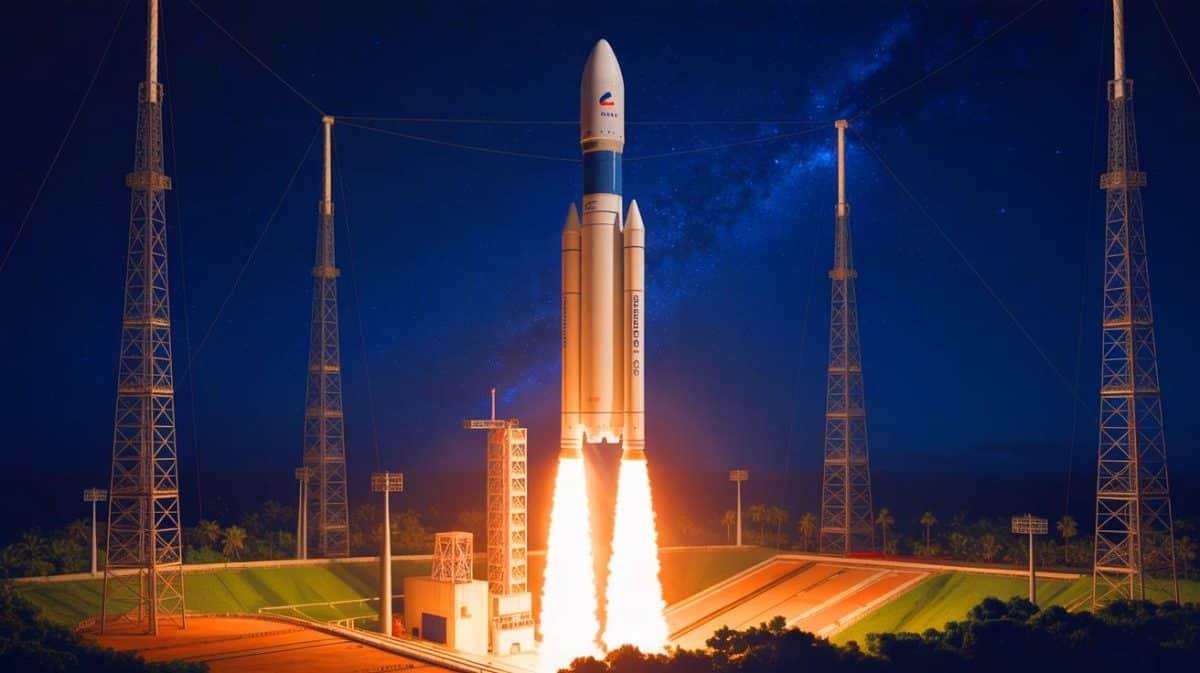 Amazon’s Next Partnership with Ariane 6 Could Transform Space Industry, Reinvigorating Launch Missions by 2025 Illustration of the Ariane 6 rocket on its launch pad, illuminated at night before a crucial launch for European space efforts.