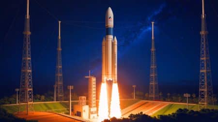 Amazon’s Next Partnership with Ariane 6 Could Transform Space Industry, Reinvigorating Launch Missions by 2025 Illustration of the Ariane 6 rocket on its launch pad, illuminated at night before a crucial launch for European space efforts.