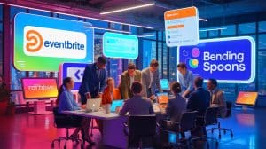 Illustration of Bending Spoons acquiring and revitalizing Eventbrite, a once-thriving event platform.