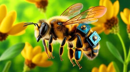 Illustration of a bee equipped with electronic chips for remote control.