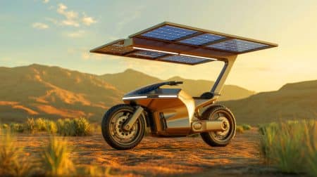Illustration of a solar-powered motorcycle with a deployable canopy of photovoltaic panels.
