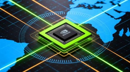 Illustration of Nvidia's AI chip tracking software amid smuggling concerns.
