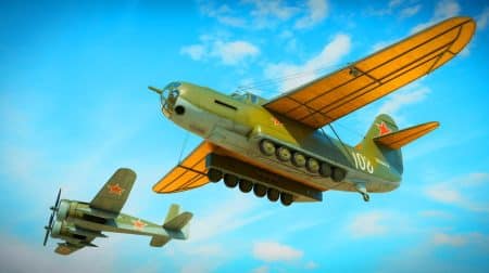 Illustration of the Soviet Antonov A-40 flying tank experiment during World War II.