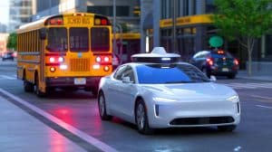 Illustration of Waymo's autonomous vehicle navigating near a stopped school bus.